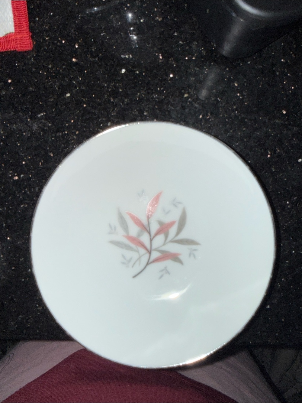 Porcelain Dessert Plate with Pink and Gray Leaf Design